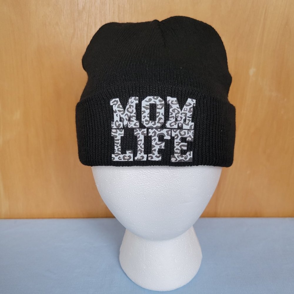 NEW Black Knit Beanie Mom Life Maternal Mommy Leopard Fuzzy Hat Skater Outdoor - Picture 2 of 5